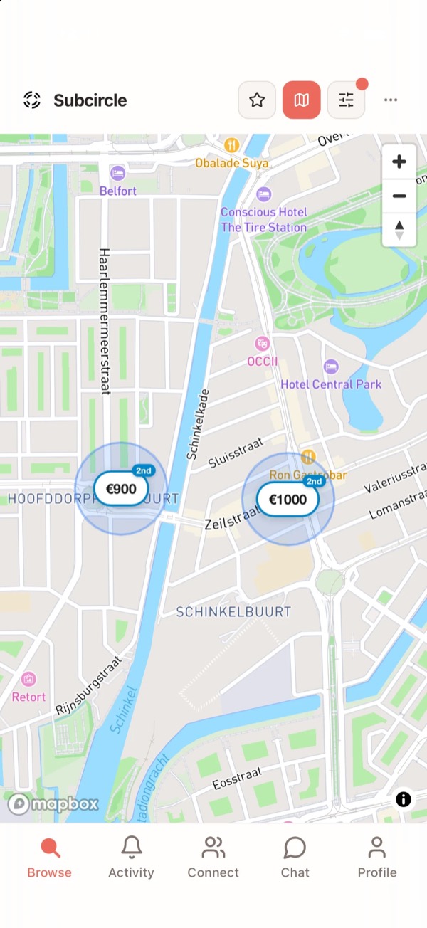 Een kaart van Amsterdam in de Subcircle app, met kamers en hun prijzen